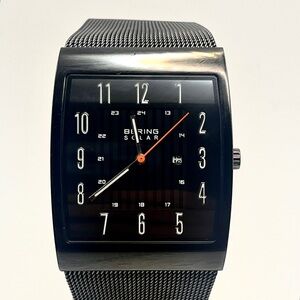 Bering Solar Mesh Band Mens Watch Polished Gray Black Date Sapphire Crytsal